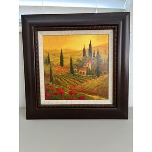 Fronckowiak Tuscan Landscape Painting Red Poppies Yellow Sky Dark Wood Frame Art